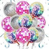 12PCS 22" Disco Balloons 4D Round Pink Silver Balloon for Bachelorette Birthday Parties 70s 80s 90s Theme Disco Ball Party Decorations.(4D)