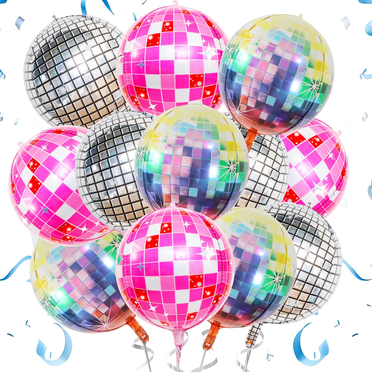 Photo 1 of 12PCS 22" Disco Balloons 4D Round Pink Silver Balloon for Bachelorette Birthday Parties 70s 80s 90s Theme Disco Ball Party Decorations.(4D)