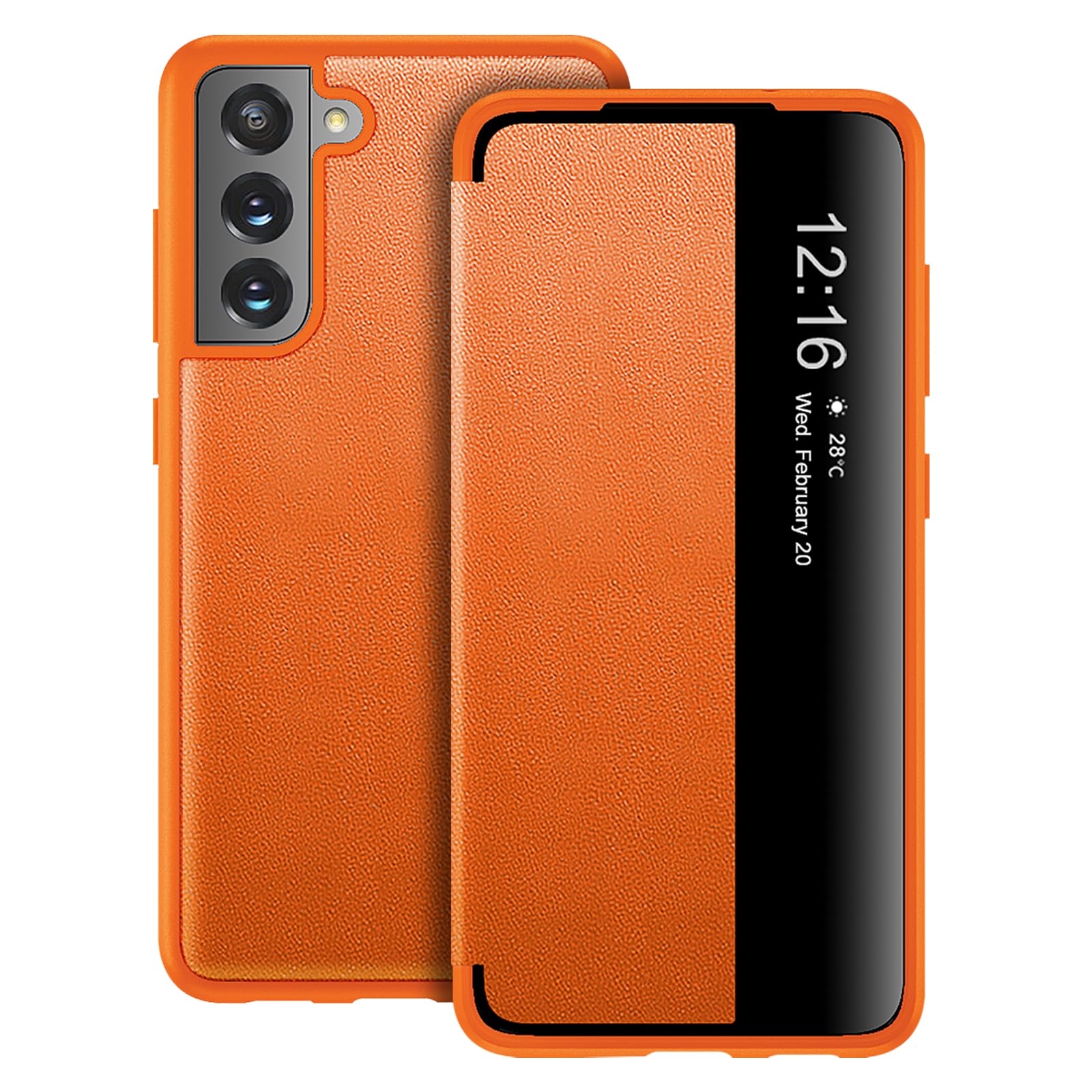 Flip Case for Samsung Galaxy S22 Case S View, Frosted Translucent Window Clear View Folio Protective Phone Case, 360 Degree Full Body Shockproof Flip Cover Case for Samsung S22 5G (Orange)