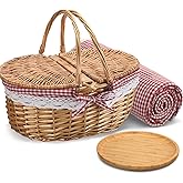 Gandeer Picnic Basket with Blankets and Bamboo Plates Picnic Supplies Set Basket with Lid and Handle Wicker Picnic Basket Sturdy Woven Body with Washable Lining for Camping(Red)