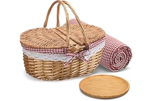 Gandeer Picnic Basket with Blankets and Bamboo Plates Picnic Supplies Set Basket with Lid and Handle Wicker Picnic Basket Sturdy Woven Body with Washable Lining for Camping(Red)