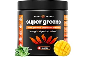 NutraChamps Super Greens Powder Premium Superfood | 20+ Organic Green Veggie Whole Foods | Wheat Grass, Spirulina, Chlorella | Antioxidant, Digestive Enzyme & Probiotic Blends (9.0 OZ, Mango)