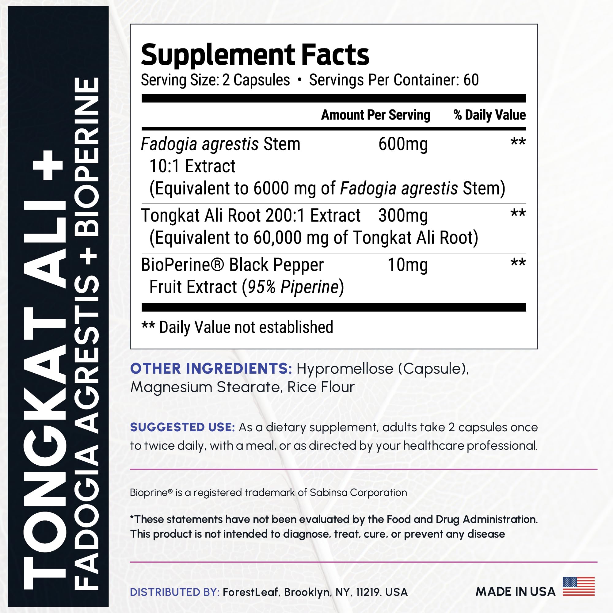 Tongkat Ali and Fadogia Agrestis for Men Supplement w/BioPerine - Tonkat-Ali Max Strength 200:1 Extract - Long Jack Tongkat-ali for Men - Muscle Growth, Performance & Energy - 120 Powder Capsules