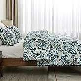 Finlonte Damask Queen Comforter Set, 100% Cotton Paisley Floral Bedding Set, Luxury Ethnic Queen Size Comforter, Fluffy Lightweight Soft Quilted Comforter All Season, Navy Blue/Taupe