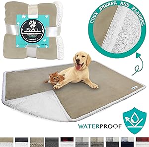 PetAmi Waterproof Dog Blanket for Bed, Couch, Sofa | Waterproof Dog Bed Cover for Large Dogs, Puppies | Sherpa Fleece Pet Blanket Furniture Protector | Reversible Microfiber