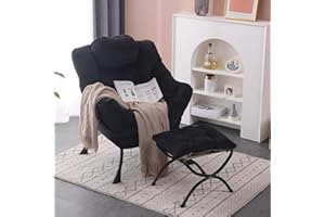 SESHINELL Lazy Chair with Ottoman, Modern Accent Chair Contemporary Lounge Leisure Sofa Chair with Armrests, Reading Chair and Folding Footstool Set for Living Room, Bedroom, Office, Black