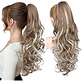 REECHO Ponytail Extension, 24" Claw Clip in Long Curly Wavy Ponytail Hair Extension Jaw Clip on Pony Tails Hairpiece for Women - Ash Brown with Platinum Highlights