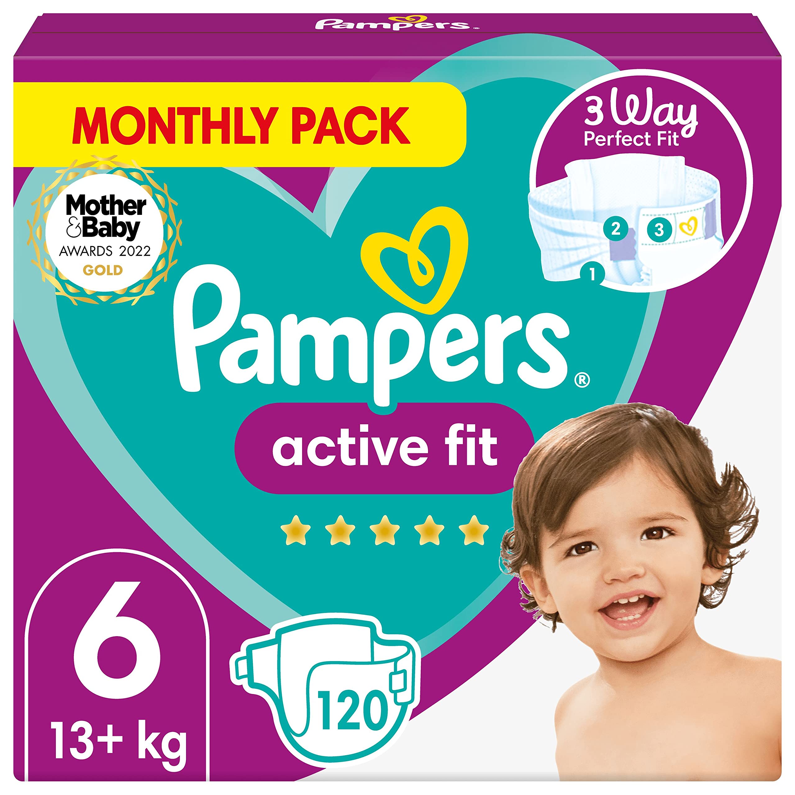 Pampers Baby Nappies Size 6 (13+ kg/29 Lb), Active Fit, 120 Nappies, MONTHLY SAVINGS PACK, Pampers’ Trusted Fit and Comfort For Your Wild Child