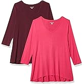 Amazon Essentials Women's 3/4 Sleeve V-Neck Swing T-Shirt (Available in Plus Size), Pack of 2