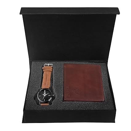 CM-1013WL-04 Combo of Mens Black Dial Analogue Watch and Brown Wallet