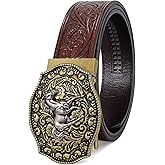 SANSTHS Western Cowboy Ratchet Belts for Men Women Leather Cowboy Belt with Automatic Western Buckle for Christmas Gifts
