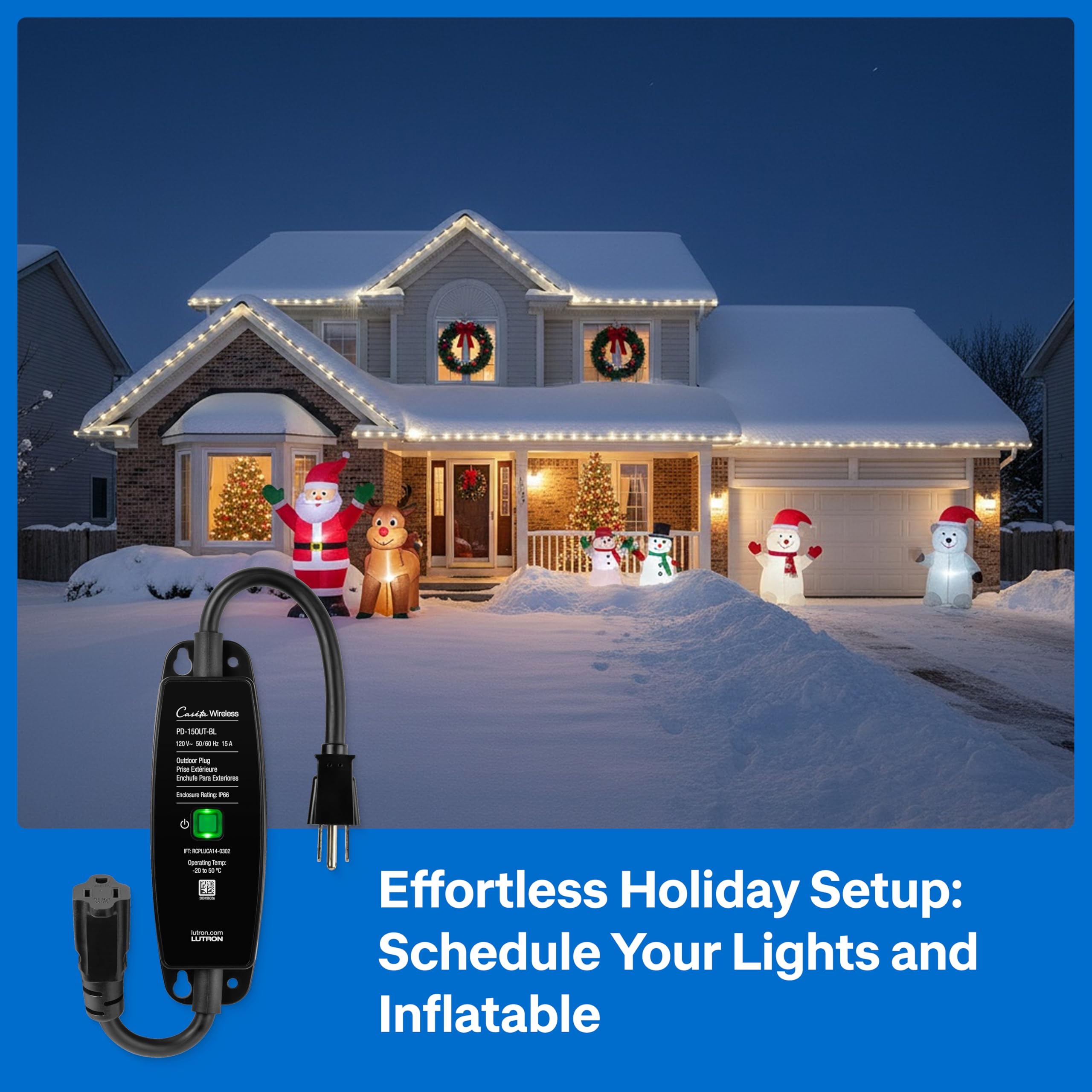 Lutron Smart Outdoor Plug for Caseta Smart Lighting, for Summer, Patio, Backyard, and Outdoor Lights, & Motors, 15A LED Fixtures & 1/2 HP Motors, PD-15OUT-BL, Black - View 4