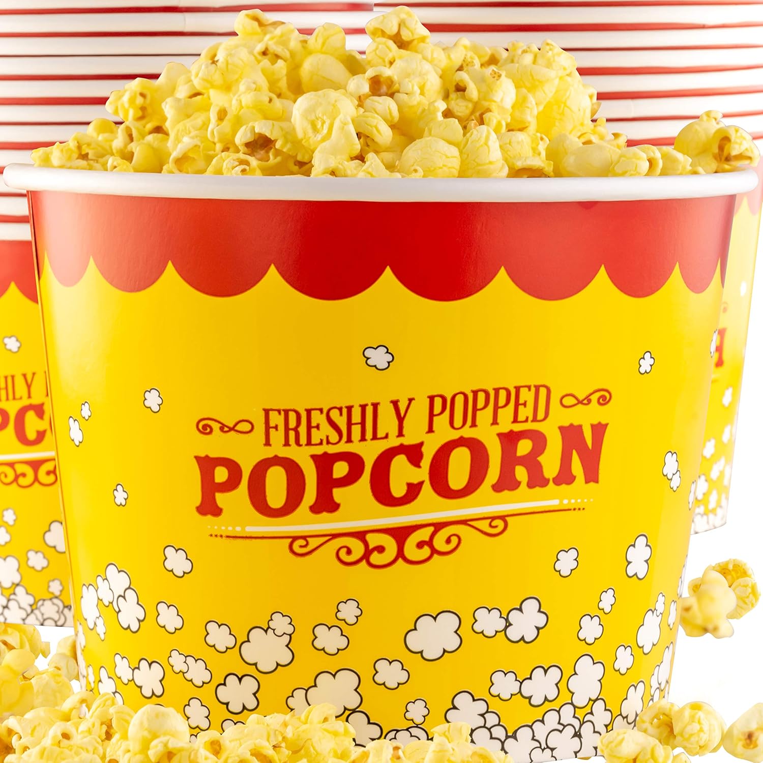 Premium Leak-Free 85 Oz Disposable Popcorn Tub 50pk By Avant Grub. Stackable Buckets With Fun Design. Great For Concession Stands, Carnivals, Fundraisers, School Events, Or Family Movie Nights.