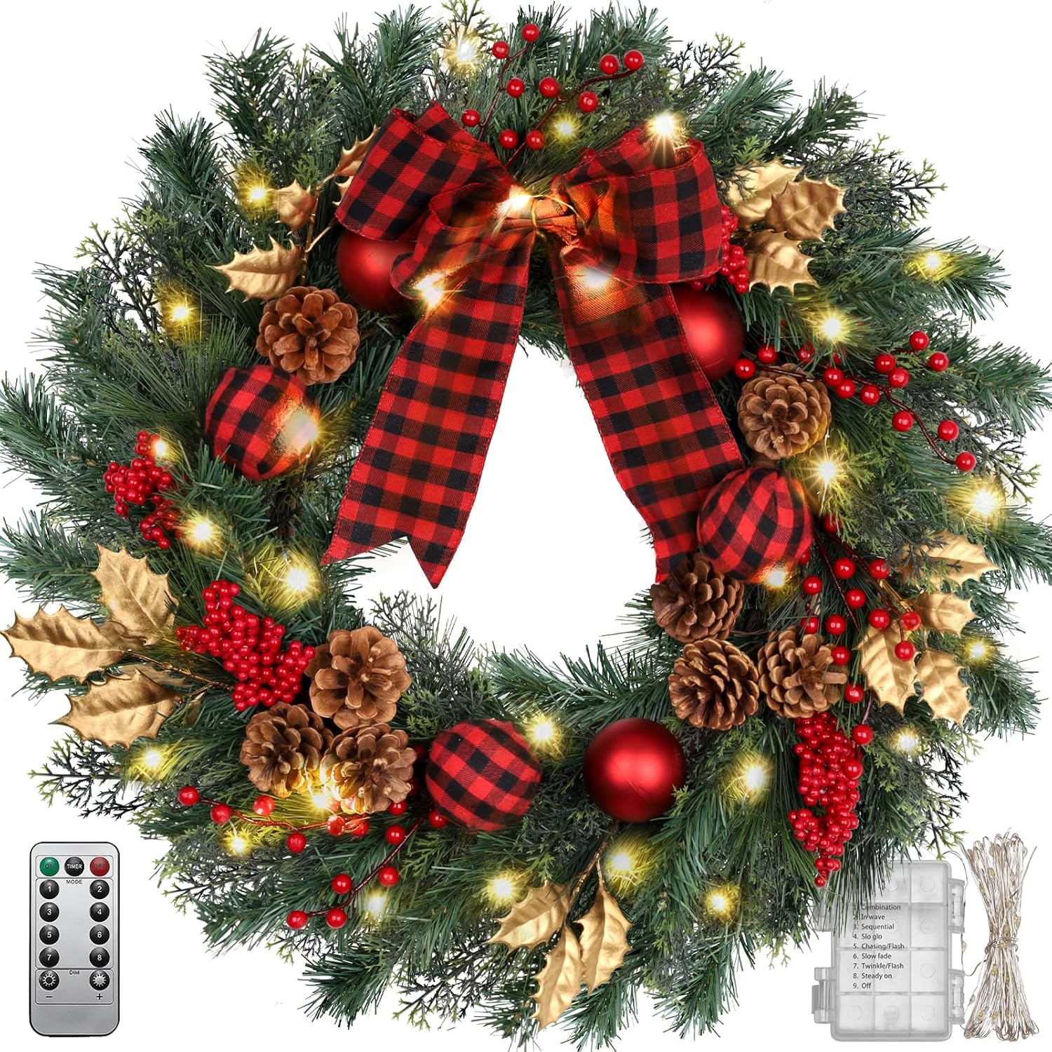 Wreaths, Garlands & Swags - 22'' Christmas Wreath, Christmas Wreaths for Front Door, Christmas Door Wreath with Timer, Winter Pine cones Wreath with Bow & Berries, Christmas Decorations for Home Outdoor Indoor Xmas Holiday Party