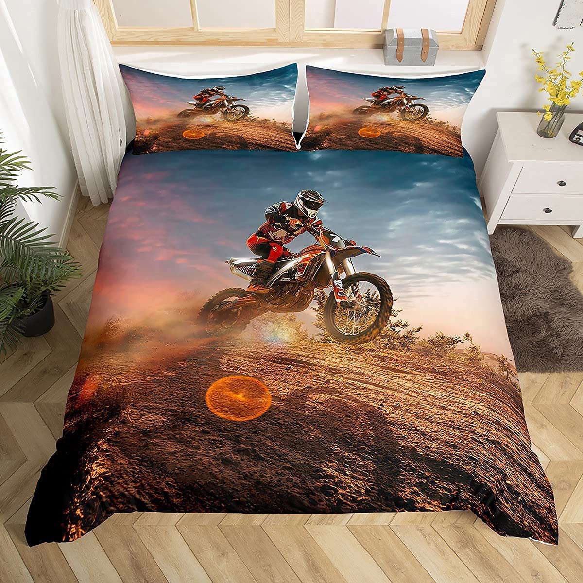 Motorcycle Duvet Cover Extreme Sports Theme Decor Double Size Bedding Duvet Cover Motocross Printed Pattern Comforter Cover for Adult Kids Teens Boys 3 Pieces Bedding Set Sport Fans Quilt Cover