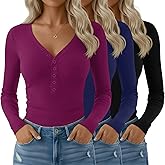 Velvelhall 3 Pack Women's Long Sleeve Henley Shirts Cotton Ribbed V Neck Tops Casual Tees Fall Basic Blouses
