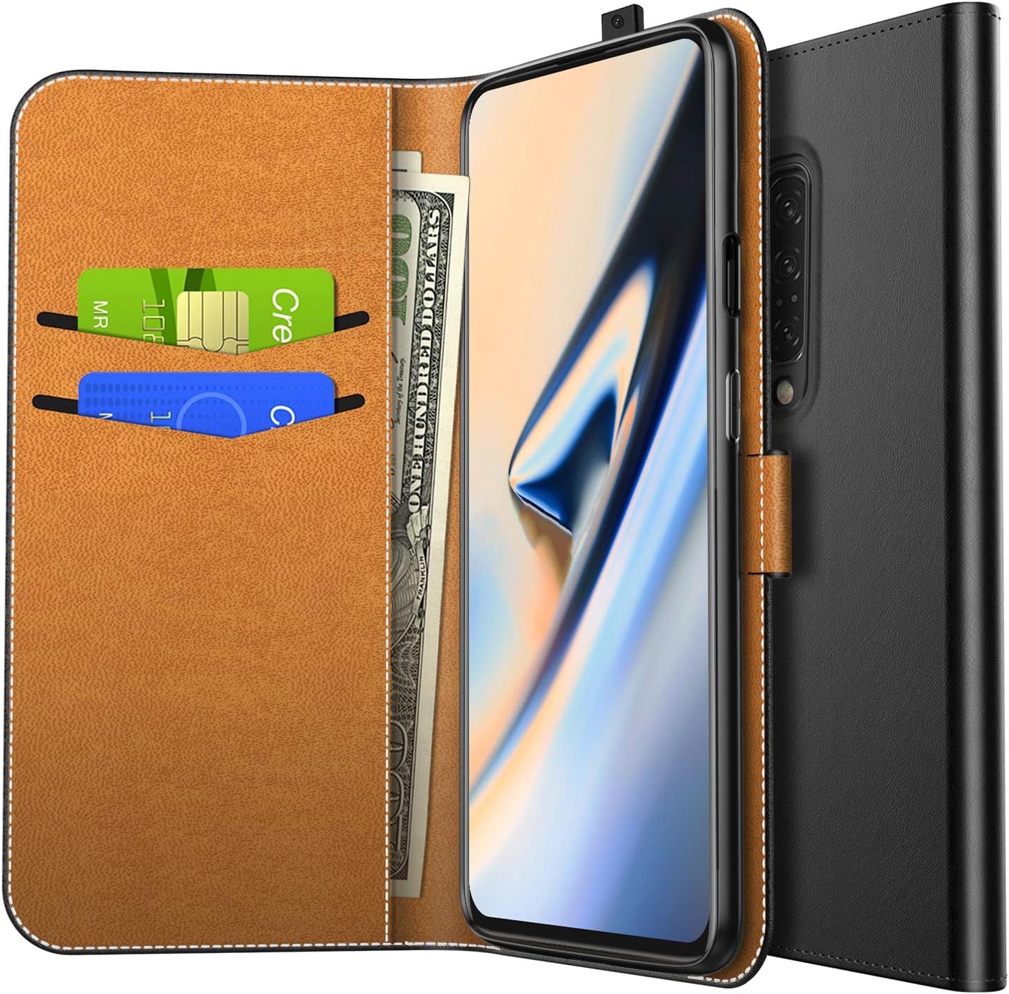 YockTec Case for OnePlus 7 Pro, [Scratch Resistant] Ultra-thin Leather +TPU Wallet Case Protective Cover Case With Card Slot for OnePlus 7 Pro Smartphone(Black)