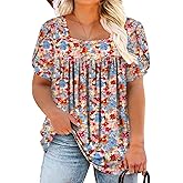 VISLILY Womens-Plus-Size-Summer-Tops Petal Short Sleeve T Shirts Square Neck Blouses Flowy Pleated Tunics XL-5XL
