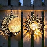 QCF Solar Hanging Sun & Moon Lights Set for Outside,2 Pack Metal Lanterns Pierced Carving Soothing Lamp, Large Decorations for Yard Garden Patio Proch Tree Wall, Christmas Gifts for Women Mom