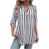 SweatyRocks Women's Striped Shirt V Neck 3/4 Length Sleeve Casual Work Blouses Loose Fall Trendy Clothes