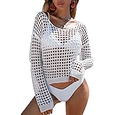 SHENHE Women's Crochet Hollow Out Drop Shoulder Sweater Sheer Long Sleeve Sweater Top
