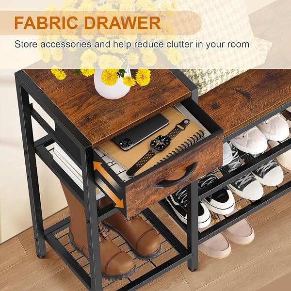 SNUGHOME 39.4″ SHOE STORAGE BENCH WITH DRAWER, 3 TIER ENTRYWAY BENCH WITH SHOE STORAGE, ADJUSTABLE SHELF SHOE RACK WITH SEATING FOR ENTRYWAY, FRONT DOOR, LIVING ROOM