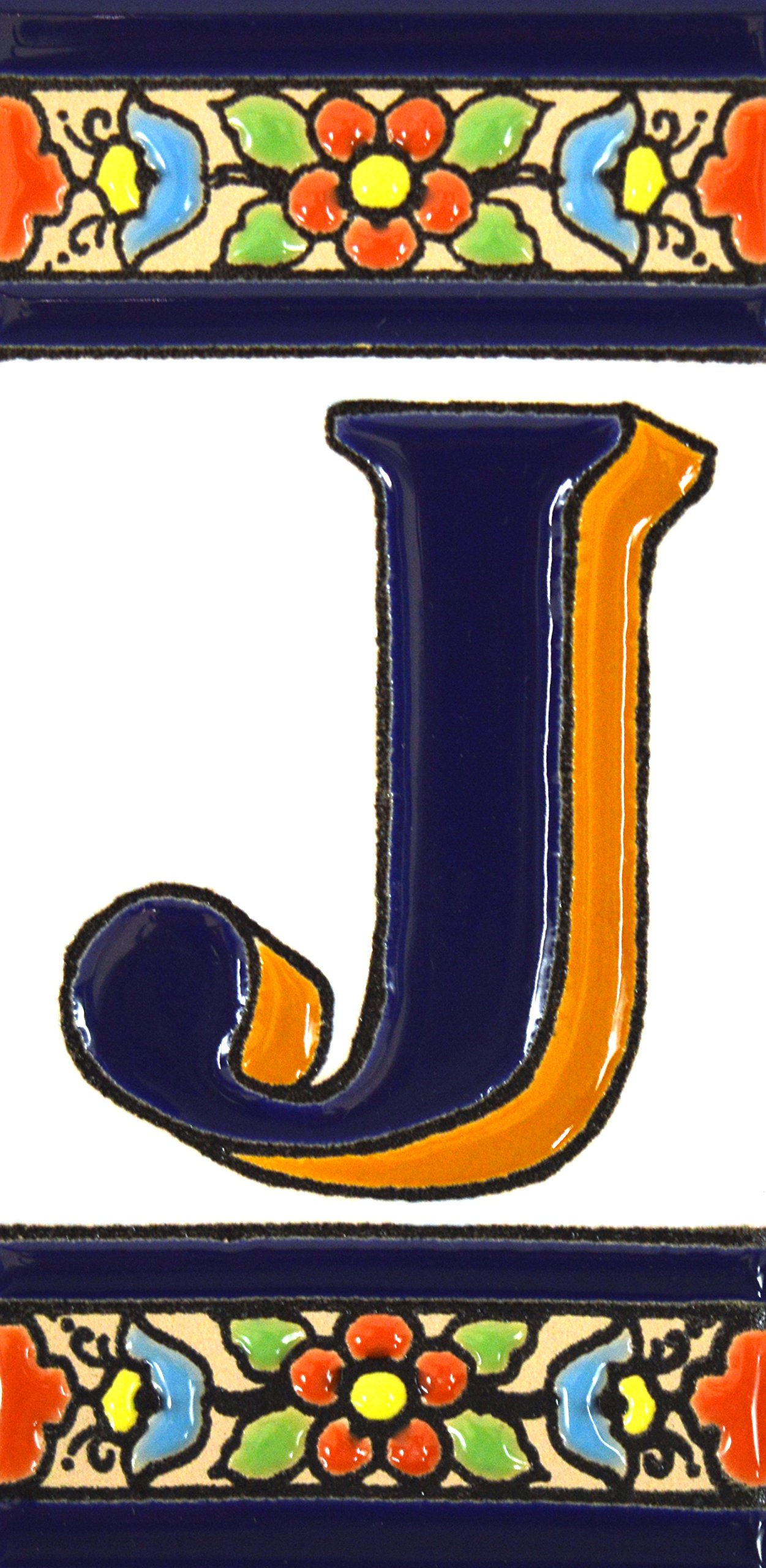 House letters 4 inch. Handpainted house letter tiles for signs, addresses and names. Address numbers for houses. House address numbers and letters. Design FLORES MEDIANO 4,29" x 2,13" (LETTER J) — image 1