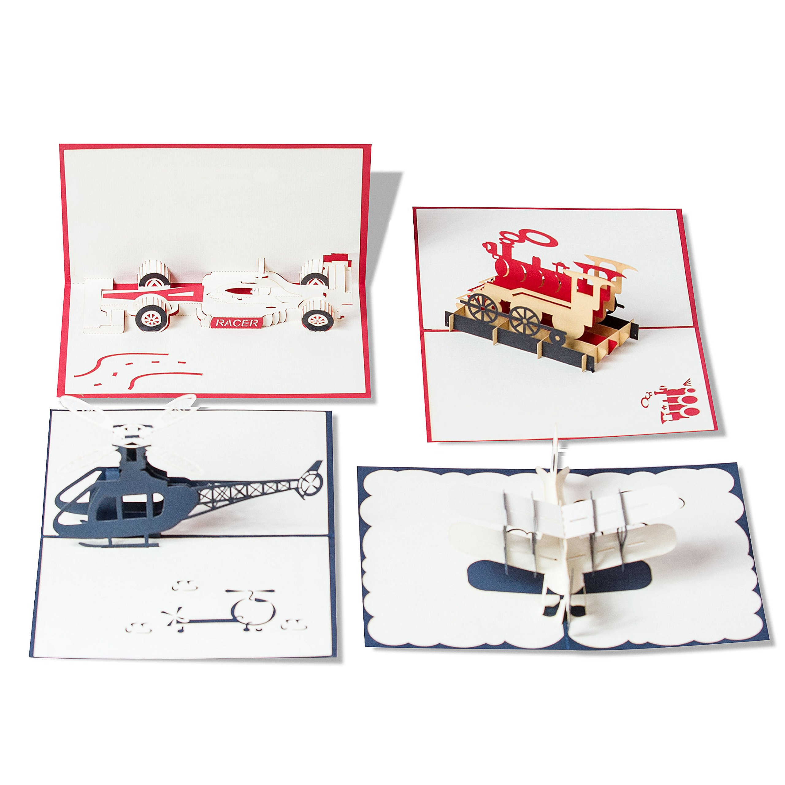 Pop Up Cards Set for Kids. Boys Will Love These 3D Christmas or Happy Birthday Cards (4 Pack)