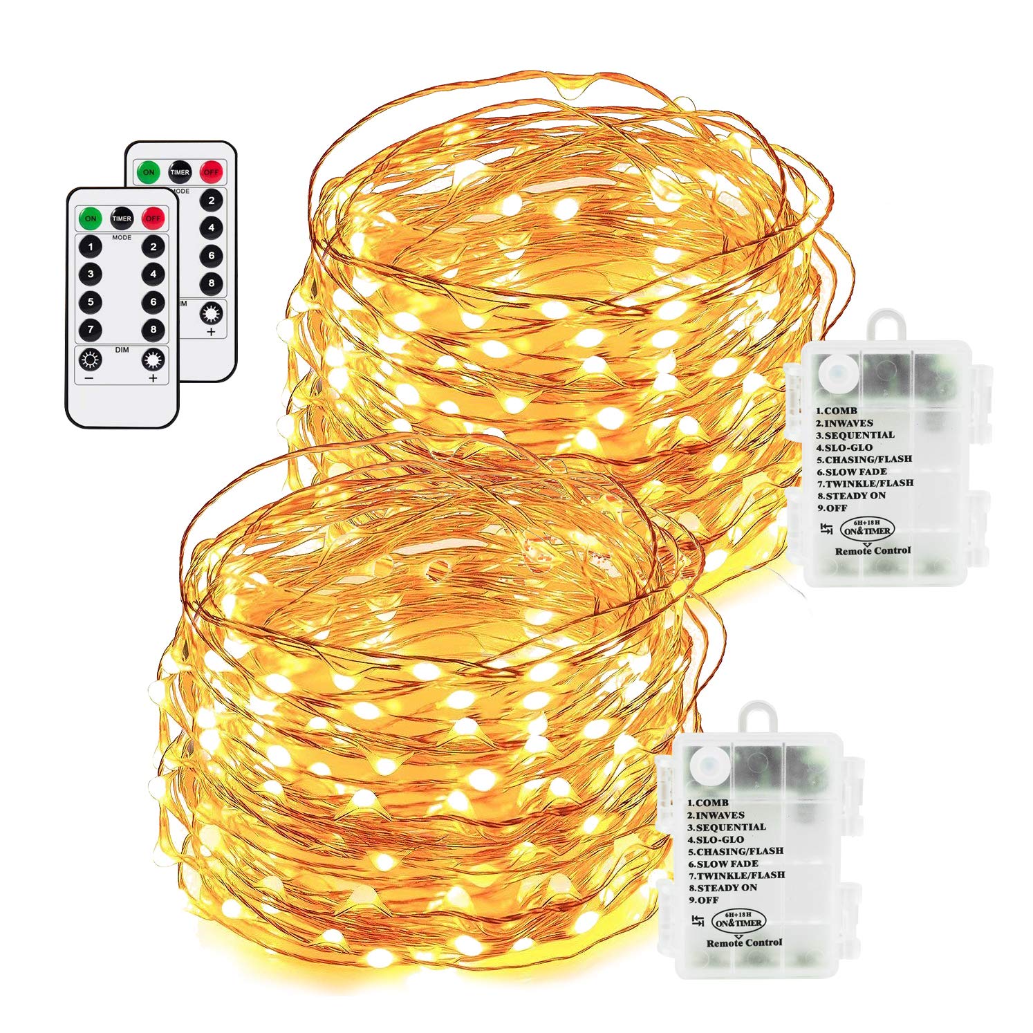 Makion Led Fairy Lights 100 LEDs 8 Modes with Remote & Timmer Decorative Fairy Battery Powered String Lights, Copper Wire Light for Bedroom,Wedding(33ft/10m Warm White 2PACK)