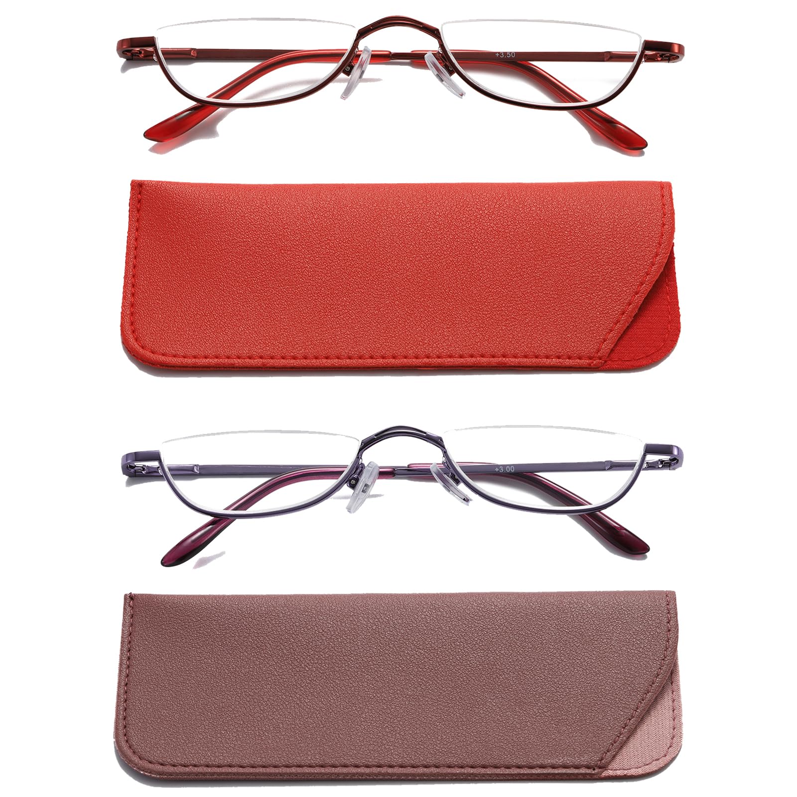 Hubeye 2 Pairs Half Moon Reading Glasses for Women and Men Metal Slim Half Frame Lens Ultra Thin Readers with Spring Hinges and Leather case 1.50