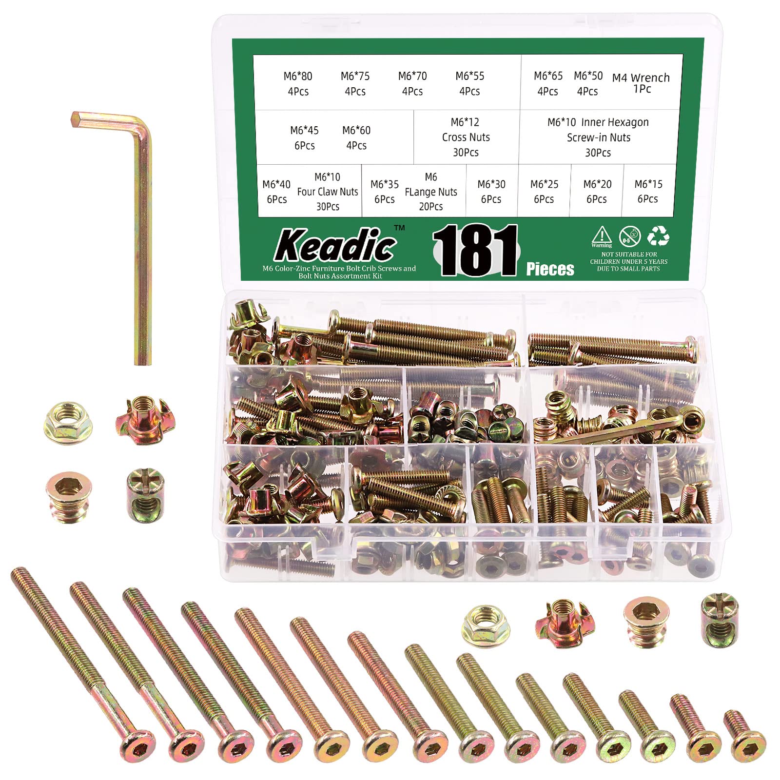 Keadic 181 Pcs M6 Zinc Plated Furniture Screw Hardware Replacement Kit Contains Hex Socket Cap Bolts Barrel Nuts, Wood Thread Nutsert, Four Claws T-Nuts and Flange Nuts for Cots Beds Table Crib
