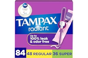 Tampax Radiant Tampons for Women Multipack, with LeakGuard Braid, Regular/Super Absorbency, Unscented, 84 Count (3 Packs of 2