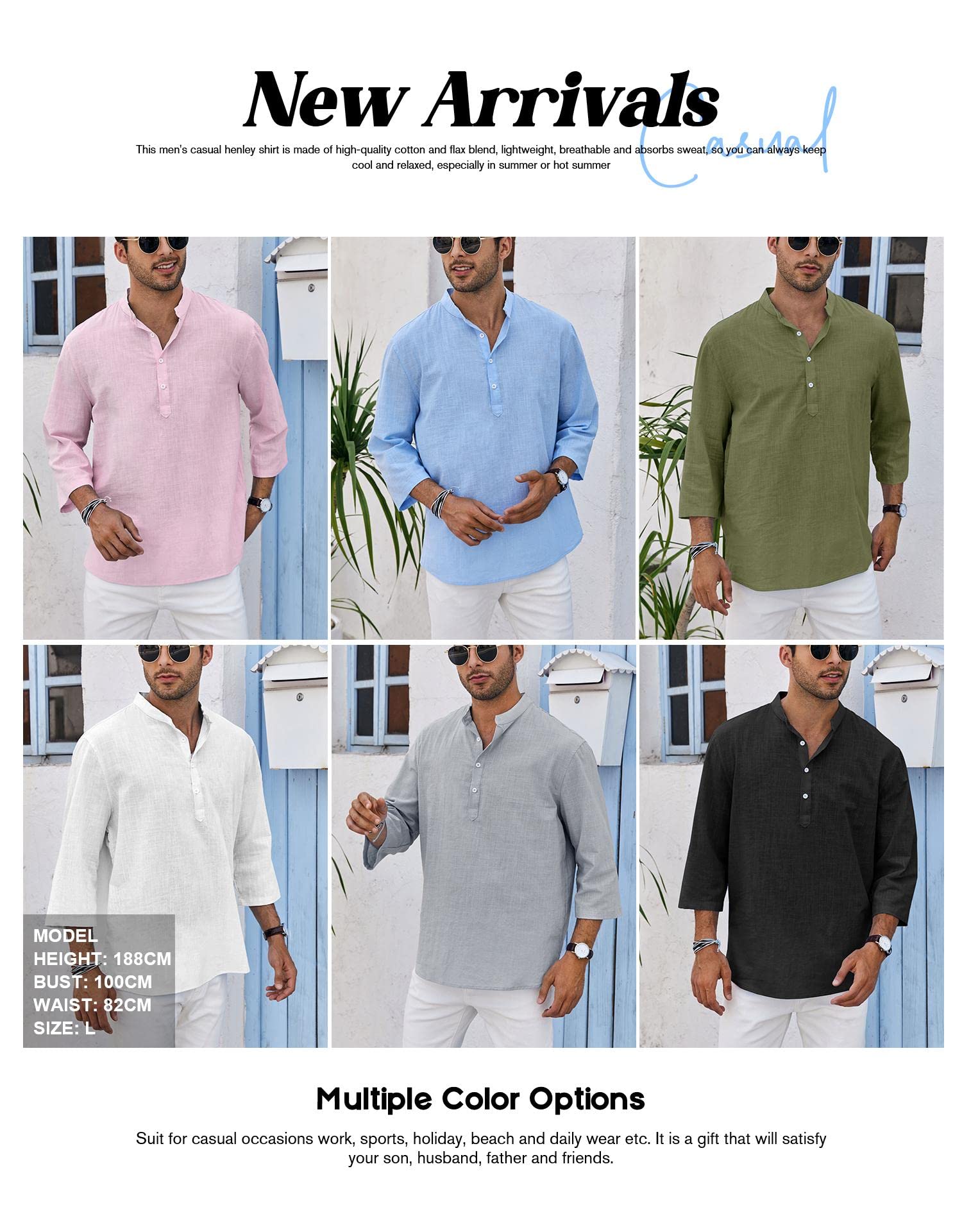 Ryannology Mens Linen Shirts Casual Cotton 3/4 Sleeve Regular-Fit Henley T-Shirt Summer Lightweight Beach Yoga Tops