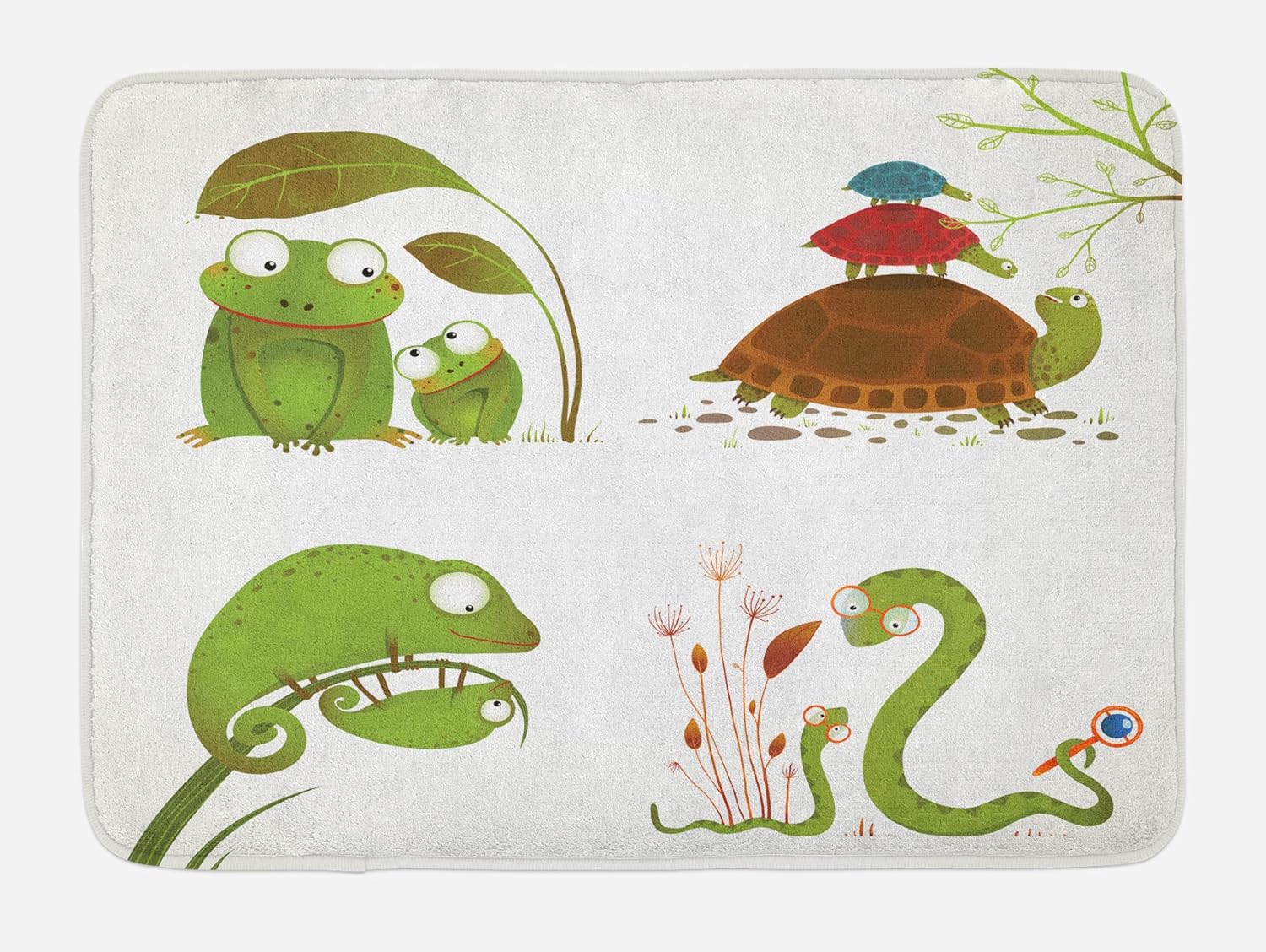 Ambesonne Reptile Bath Mat, Reptile Family Colorful Baby Snake Frog Ninja Turtles Love Mother Family Theme, Plush Bathroom Decor Mat with Non Slip Backing, 29.5" X 17.5", Green Brown