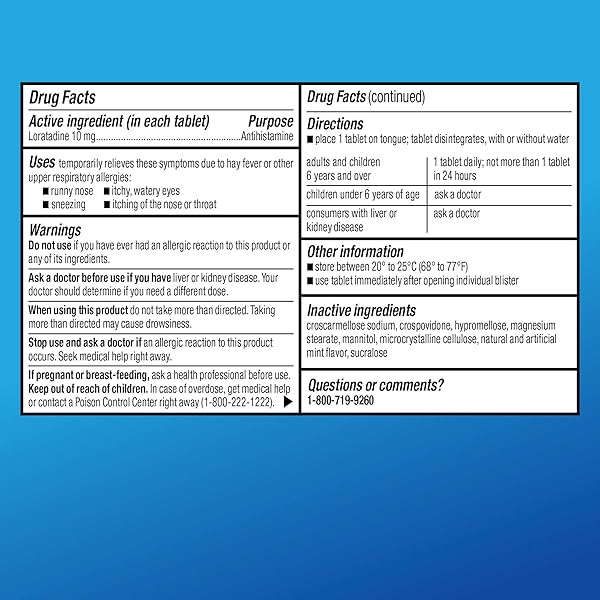 AMAZON BASIC CARE 24-HOUR CHILDREN ALLERGY MEDICINE, LORATADINE ORALLY DISINTEGRATING TABLETS, 10 MG, ANTIHISTAMINE, AGES 6+, 30 COUNT