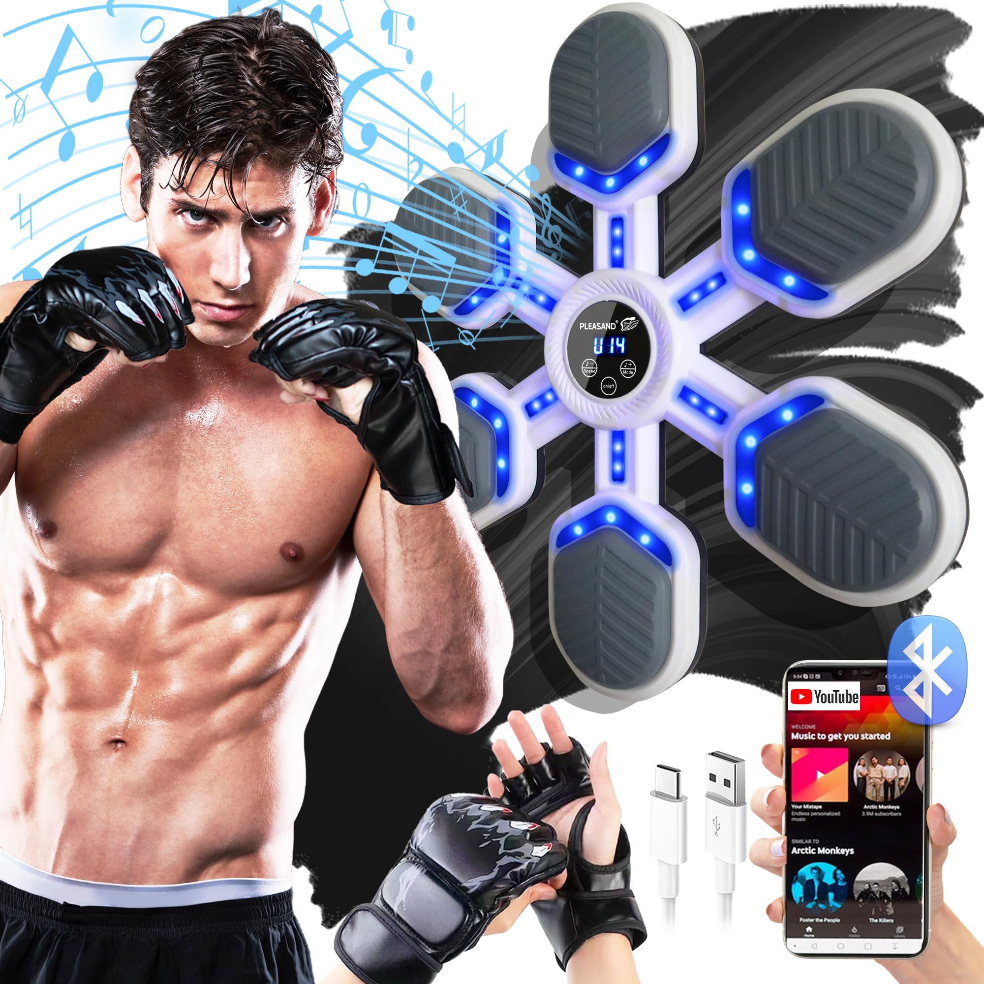 Photo 1 of 2025 Music Boxing Machine for Adults and Kids – Wall Mounted Smart Bluetooth Punching Game Pad with Boxing Gloves, 9 Modes 9 Speeds, Home and Gym Workout Equipment (Large, White)