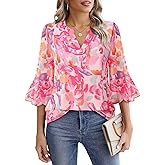 VALOLIA Womens 3/4 Sleeve Tops Dressy Casual Chiffon Blouses Floral Print V-Neck Work Office Shirts
