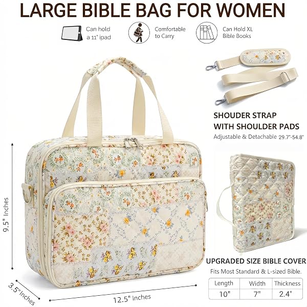 LARGE BIBLE BAG WITH BUILT-IN BIBLE COVER CASE FOR WOMEN, QUILTED CHURCH BAG FOR BIBLE STUDY SUPPLIES, ALL-IN-ONE BIBLE CARRYING CASE ORGANIZER FITS 11″ TABLET, GIFTS FOR CHRISTIAN WOMEN