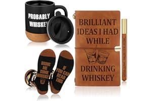 Gueevin 4 Pcs Whiskey Gift Set 15 oz Cork Bottom Coffee Mug Leather Journal Notebook with Pen Whiskey Sock Bourbon Gift for Father Men Women Bourbon Lovers Birthday Christmas Supplies