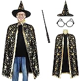 EDAUWAE Adult Wizard Cape,Wizard Cloak Costume with Wizard Hat Wand and Eyeglasses for Halloween Cosplay