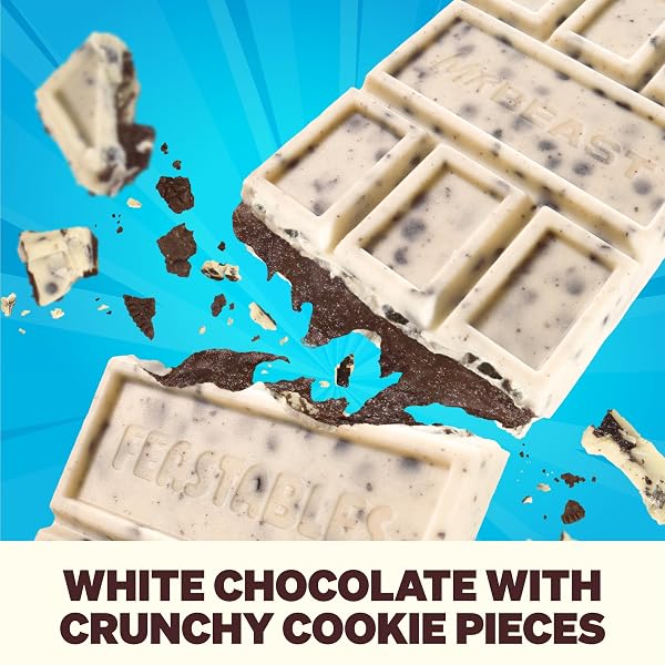 MRBEAST FEASTABLES COOKIES & CREME CHOCOLATE BAR, KING SIZE, 10 COUNT, WHITE CHOCOLATE WITH COOKIE PIECES, FAIRTRADE COCOA, 2.1OZ EACH
