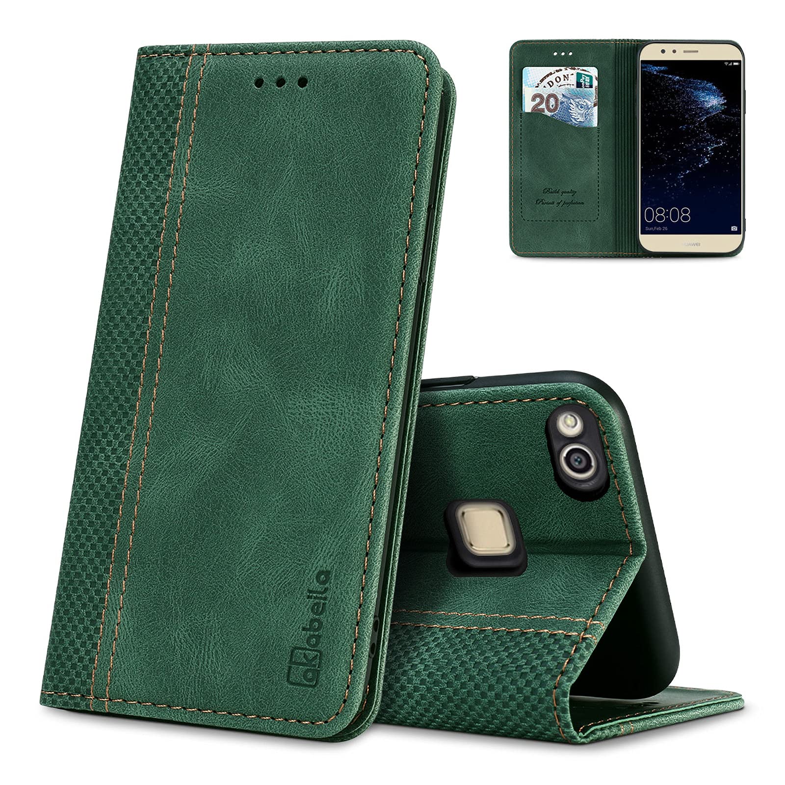AKABEILA Case for Huawei P10 Lite/Nova Lite Premium Leather Flip Wallet Case with Magnetic Closure Kickstand Card Slots Folio Phone Cover Protective Screen Protector Holster Shell Shockproof Green