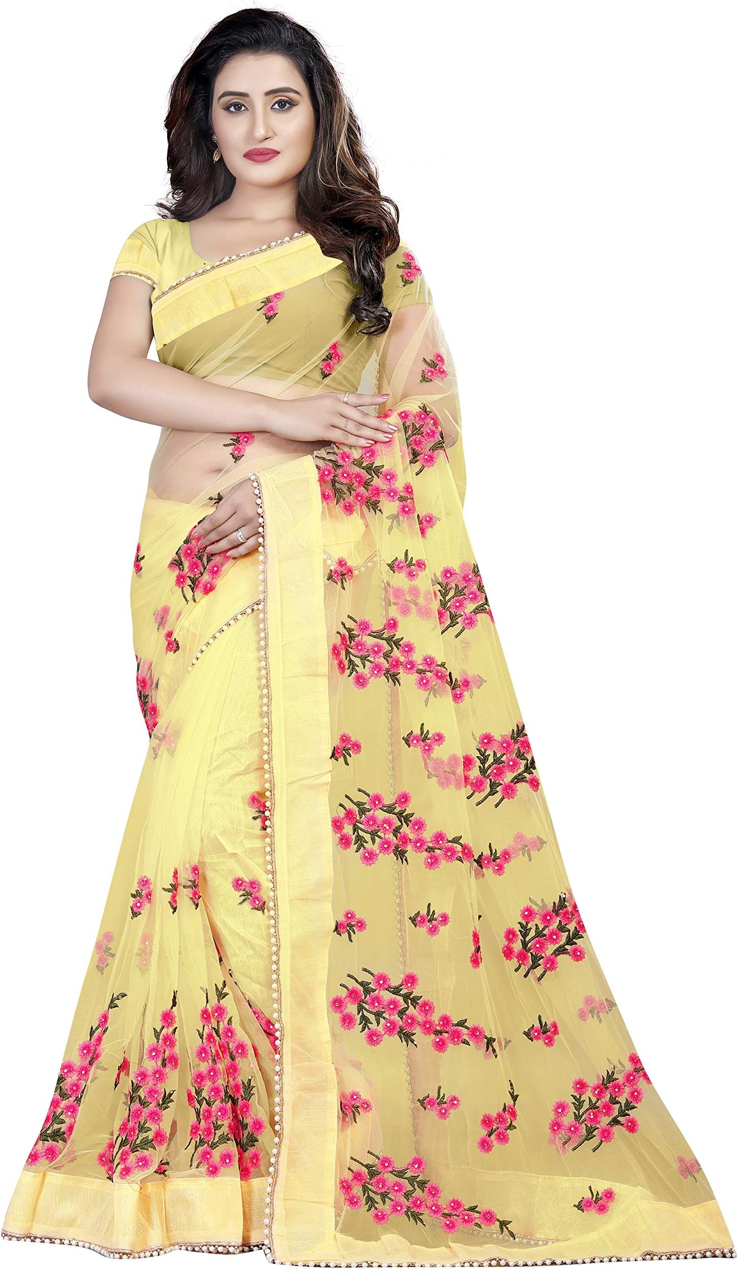 future India Women's Mono Net Embroidered And Pearl Work Saree With Blouse Piece.