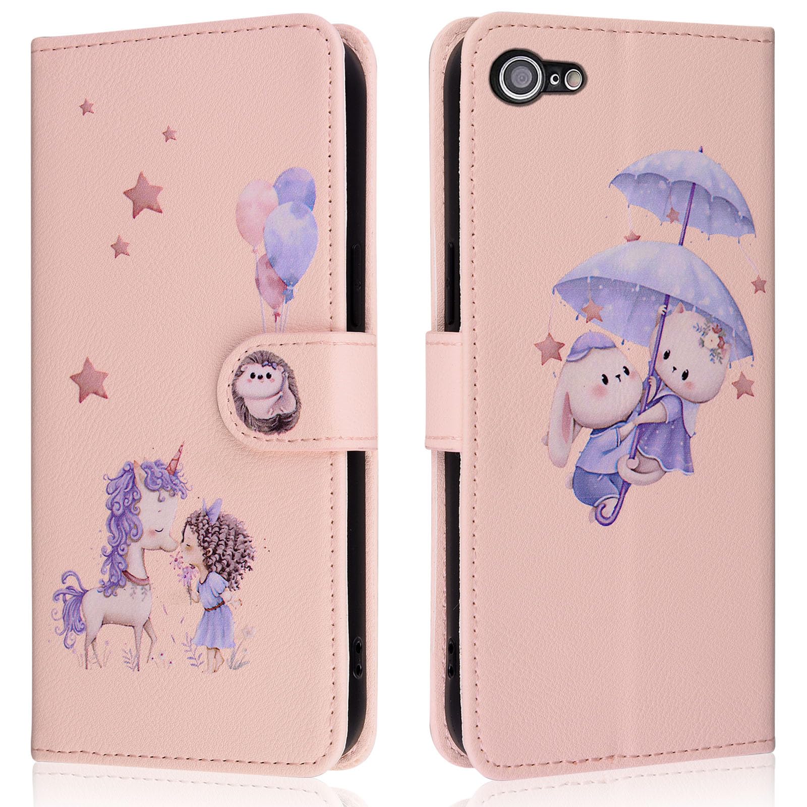 FALUWONRU for iPhone 7/8/SE 2020/SE 2022 Cartoon Card Slot Wallet Phone Case, Standing Shockproof Flip Case with Card Holder Cute Unicorn Rabbit Cat Hedgehog balloons Magnetic Cover for Women,Pink