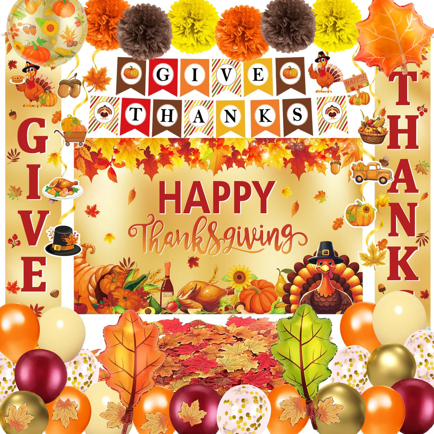 Thanksgiving Party Decorations - GIVE THANKS Banner, Backdrop, Hanging Swirls, Balloon Garland Kit, Paper Flowers, Maple Leaves for Indoor Home Office Classroom Decor