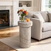 Ultym Travertine Side Table, 24 Inch Outdoor End Table, Beige | Durable Lightweight Coffee Table, Decorative Patio Accent Table,Fluted Garden Stool for Poolside, Balcony, Living Room