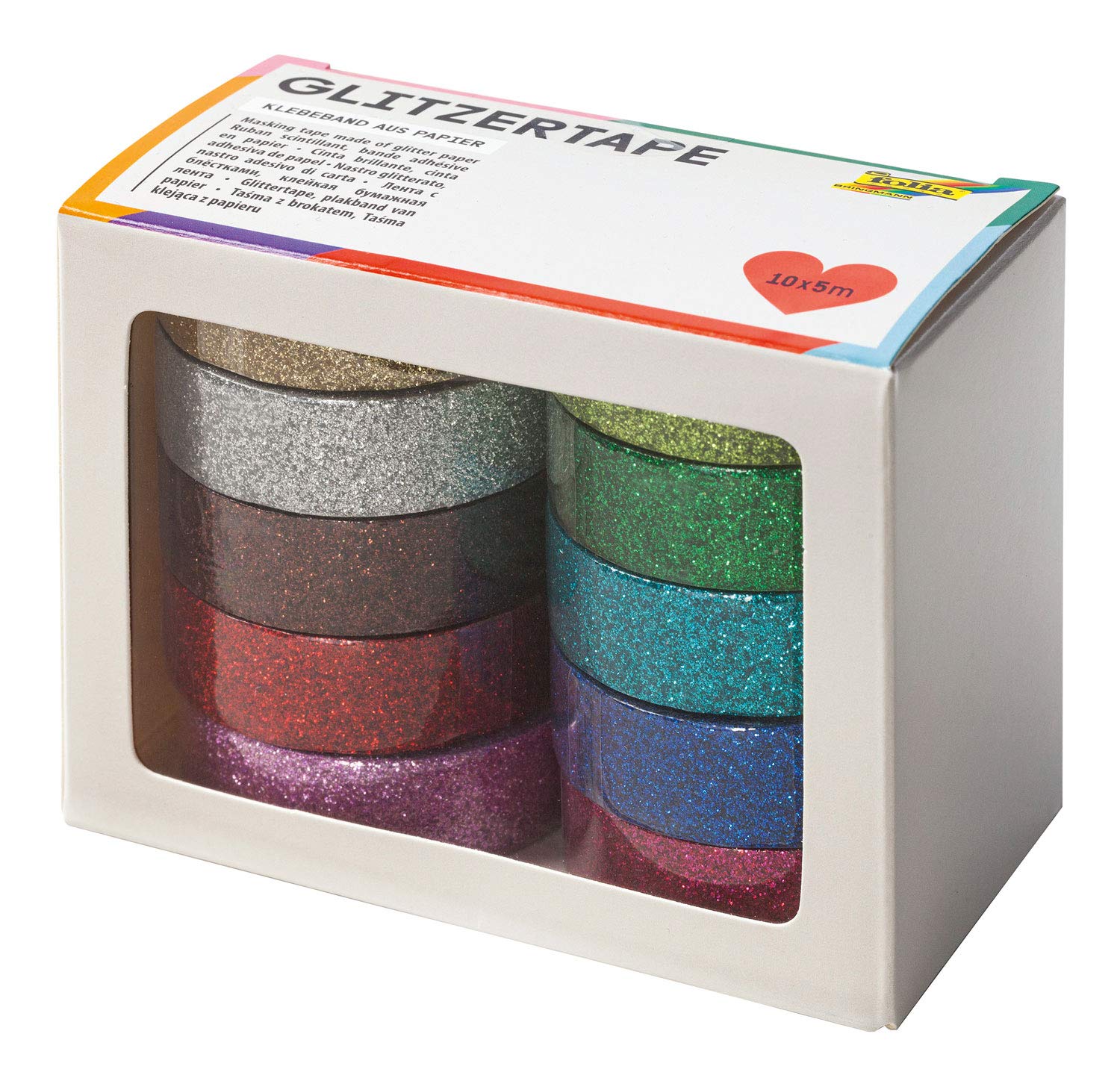 folia 28509 Glitter Tape Made of Paper with Glitter, 10 Rolls of Assorted Colours, Each Roll Approx. 5 m x 15 mm – Ideal for Decorating and Decorating