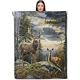 CUEBOS Wilderness Deer Flannel Throw Blanket 50x60 Inch, Realistic Animal in Mountain Forest at Sunset Blankets Soft Cozy Fleece Throws for Wildlife Lover Bed Sofa Dorm Living Room Decor Gifts