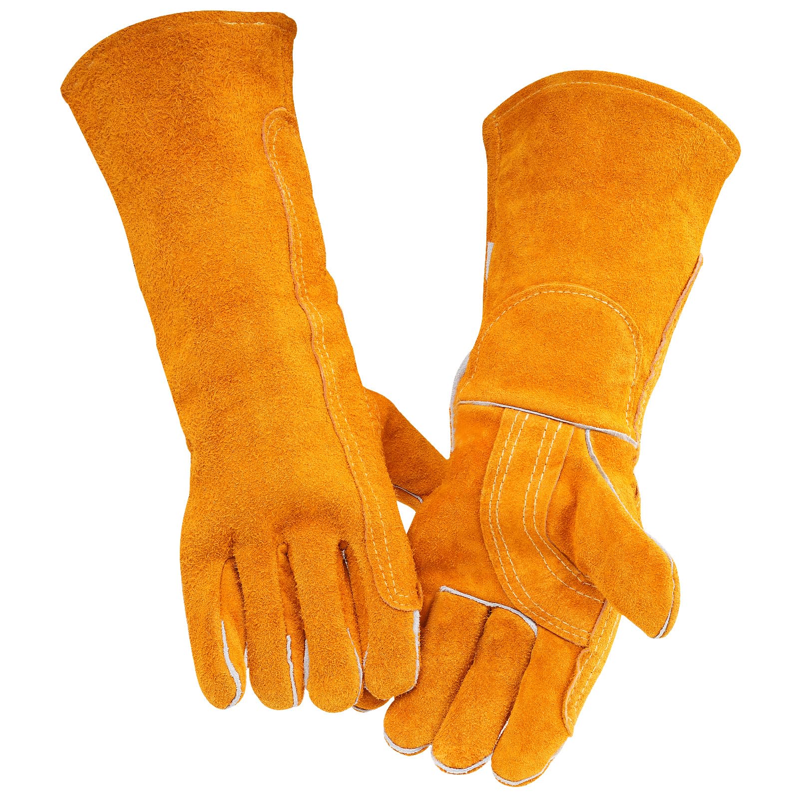 nutmanel Leather BBQ Gloves, Welding Gloves Heat Resistant Gloves, BBQ Gloves Fireplace Gloves Fire Heat Resistant with Kevlar Stitching, for Fireplace, BBQ, Stove, Oven, Grill, Gardening(40cm)