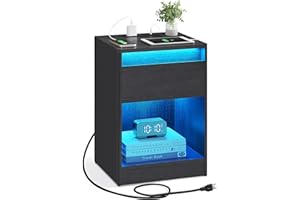 VASAGLE LED Nightstand with Charging Station, Adjustable Light Colors, 2 AC Outlets, 2 USB Ports, Bedside Table, Side Table with Drawer, Modern, 13.8 x 15.7 x 21.7 Inches, Ebony Black ULET618T21V1